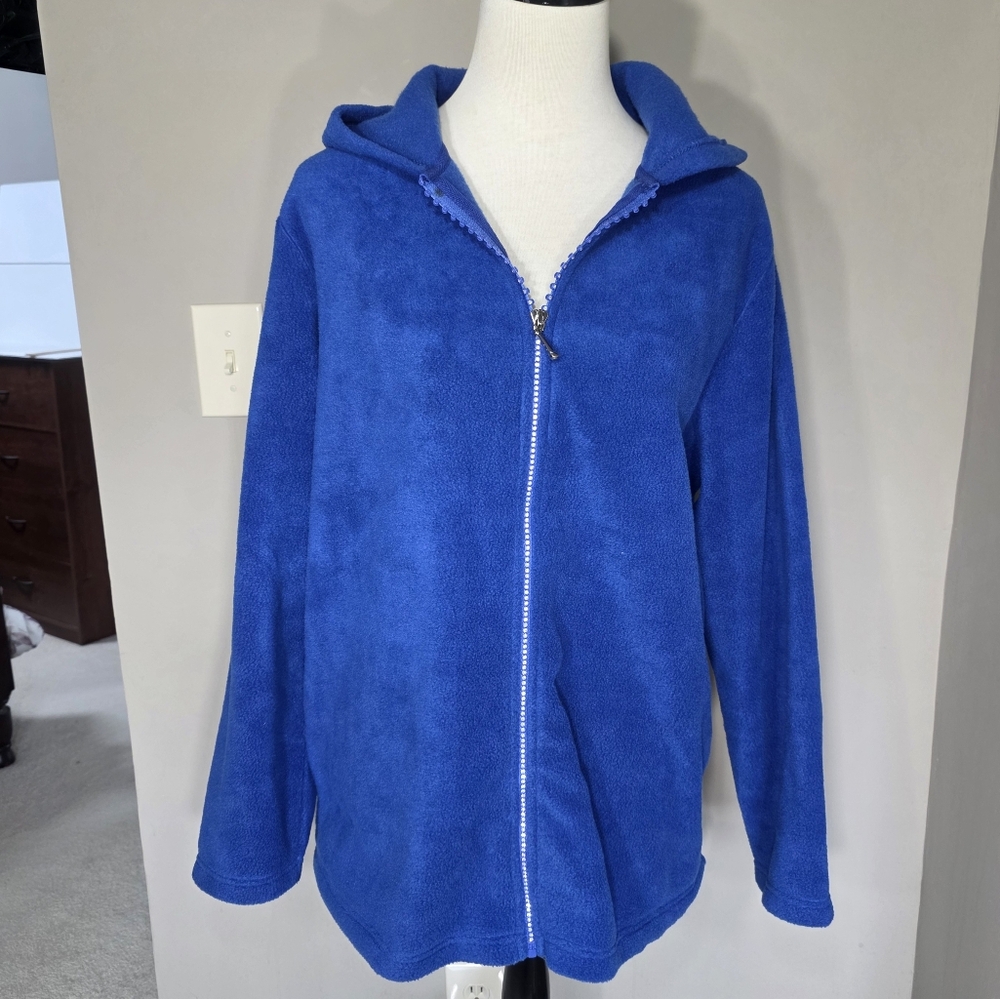 Quacker Factory Blue Zip-Up Fleece Hoodie Rhinestone Zipper Women's Size Large